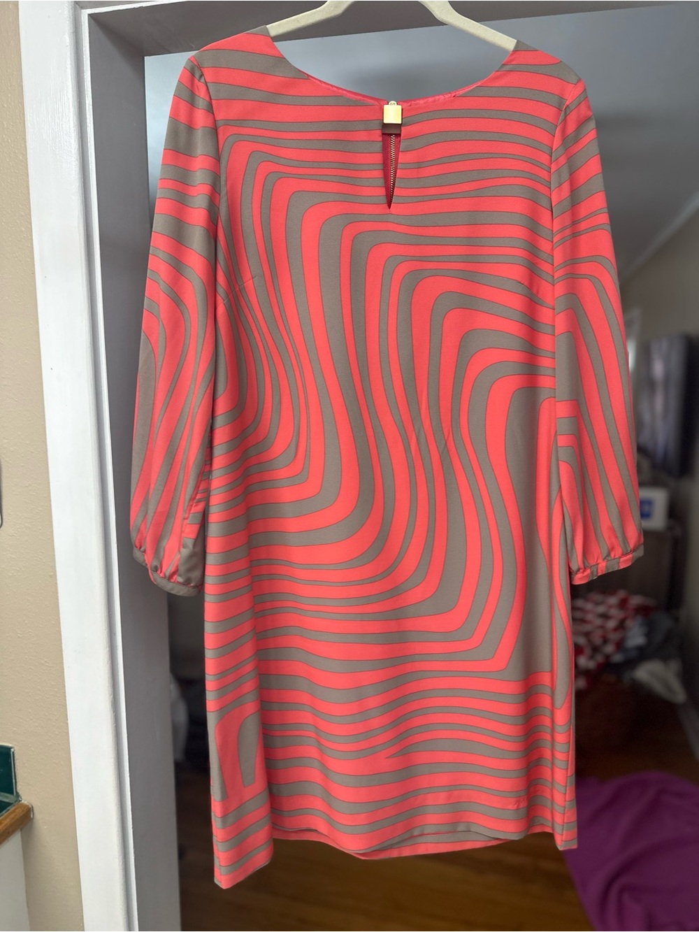 Tahari Coral and Taupe Long Sleeve Shift Dress